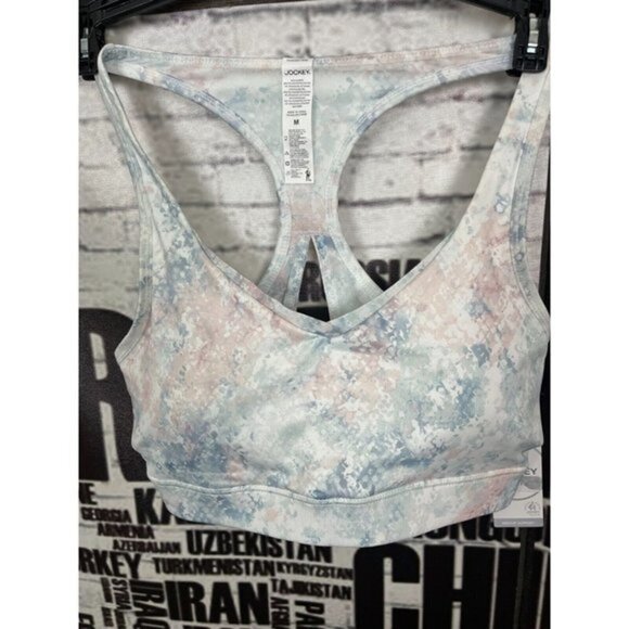 Jockey Active L Gray/Pink Mosaic Print Racerback Cut-out Sports Bra - Picture 2 of 4